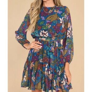 NWT Meet Me in Santorini Floral Mini Dress Sz S Long Sleeve‎ Belted Godet Blue
